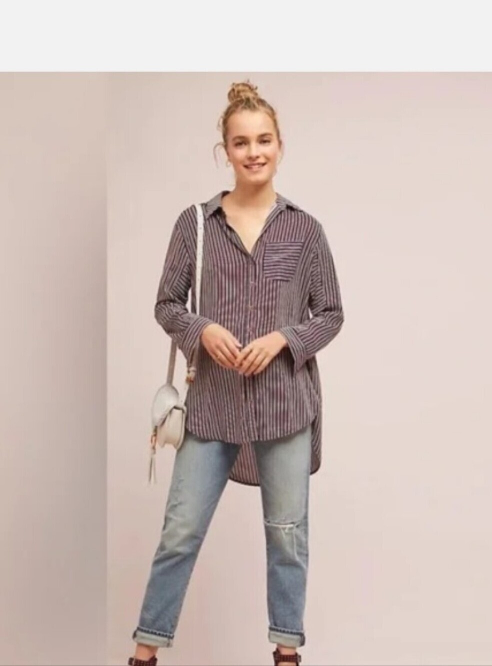 Maeve Navy, White & Red Vertical-Stripe Button Shirt